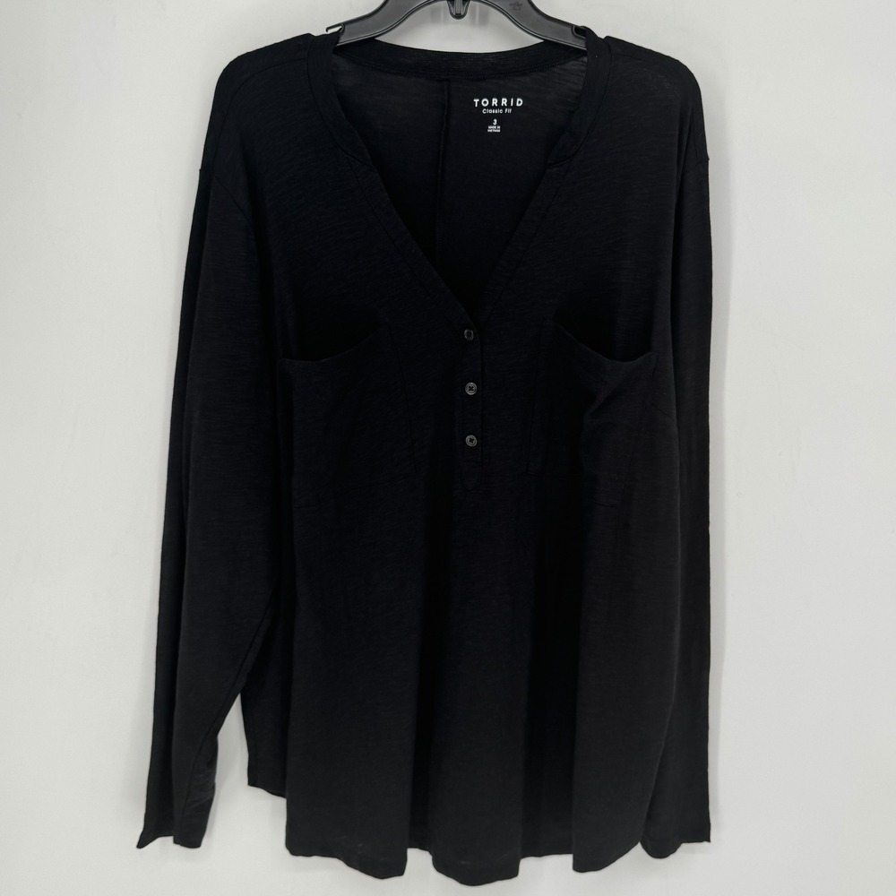 Torrid Classic Fit Black Long Sleeve V-Neck Henley Pocket T-Shirt Top 3X New
